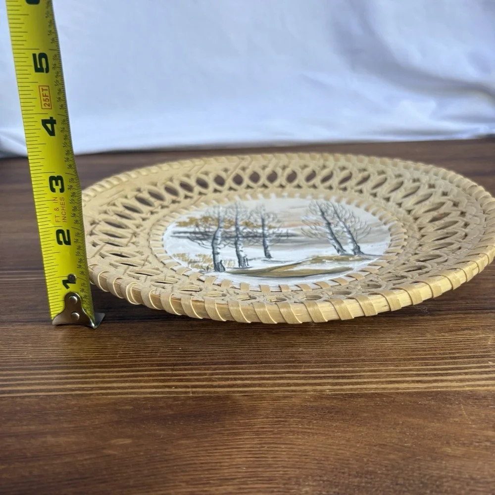 Vintage Russian Birch Bark Wicker Wall Plate Hand Painted Winter Landscape Decor